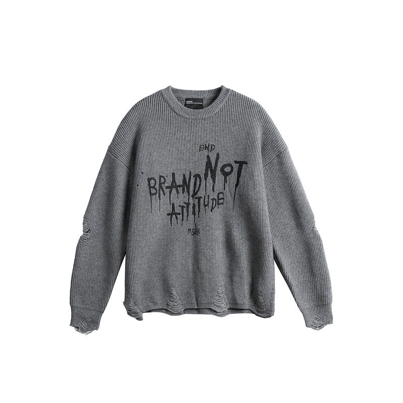 Unisex Oversize Strickpullover mit Destroyed Details und Statement Print Drune