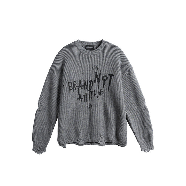 Unisex Oversize Strickpullover mit Destroyed Details und Statement Print Drune