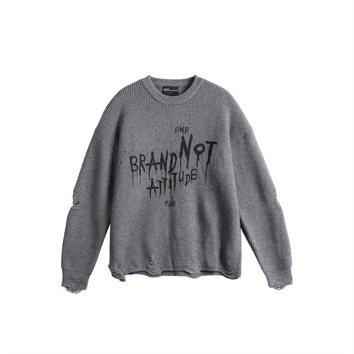 Unisex Oversize Strickpullover mit Destroyed Details und Statement Print Drune