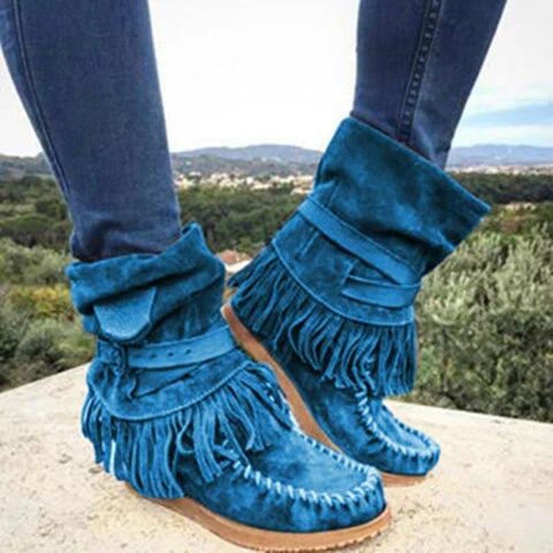 Damen Mokassin-Stiefel mit fransigen Details und modischer Schnalle Drune