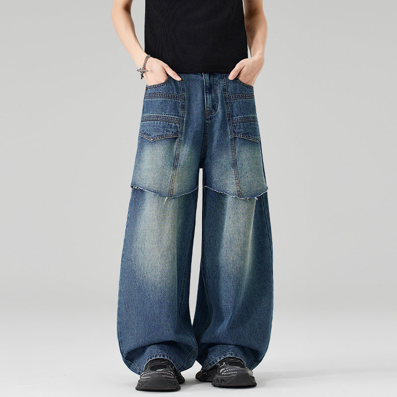 Damen Extraweite Denim-Palazzo-Hose mit aufgesetzten Vorderpanelen und Used-Waschung Drune