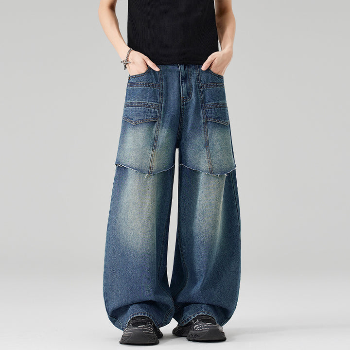 Damen Extraweite Denim-Palazzo-Hose mit aufgesetzten Vorderpanelen und Used-Waschung Drune