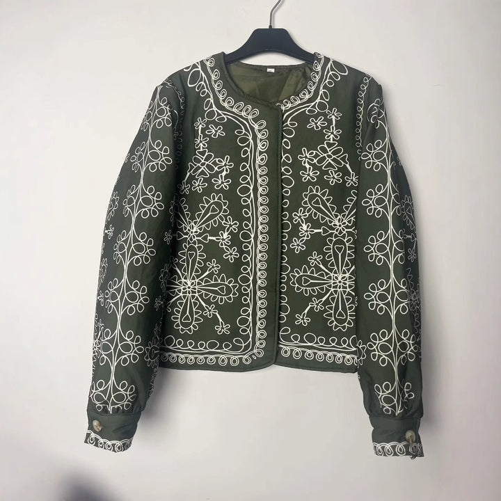 Damen Patchwork-Design Jacke mit floralem Muster und eleganten Applikationen Drune