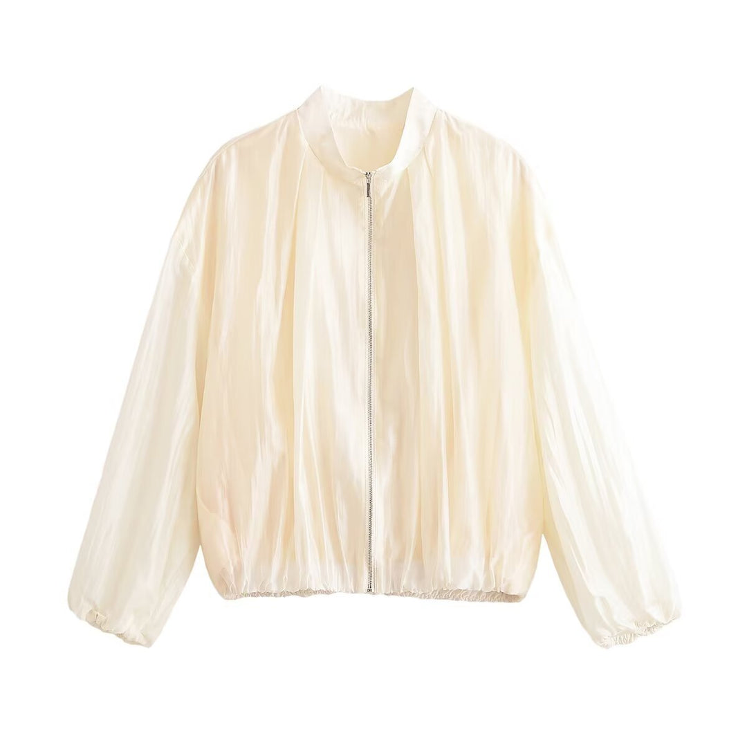 Damen Leichtes Cropped-Blouson aus Satinoptik mit Stehkragen und Elastiksaum Drune