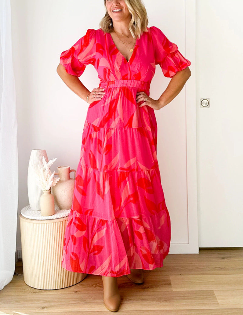 Damen nan ausgestelltes Maxikleid mit V-Ausschnitt, elastischer Unterbrustnaht und gestuftem Rock Drune