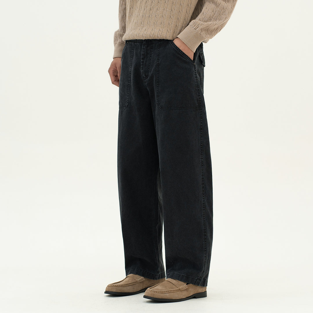 Damen Utility-Denimhose mit hoher Taille, extra weitem Bein und aufgesetzten Taschen Drune