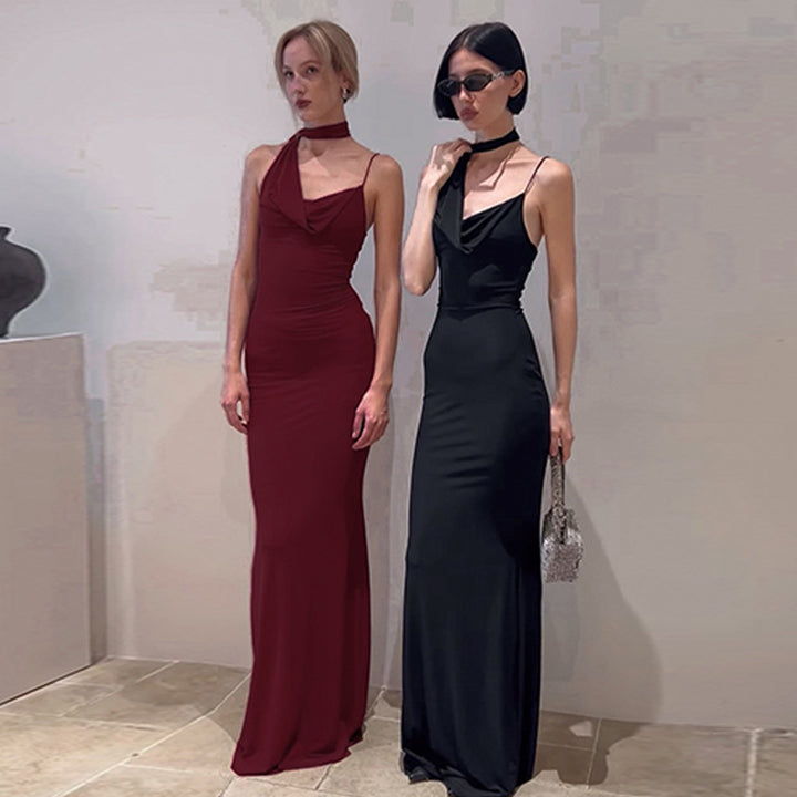 Damen Elegantes Maxikleid mit asymmetrischem Halterneck Drune