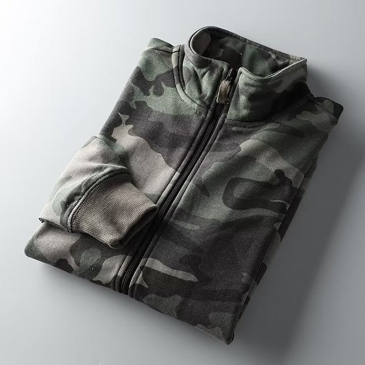 Herren Camouflage Baumwoll‑Fleece‑Zipjacke mit Stehkragen und Rippbündchen Drune