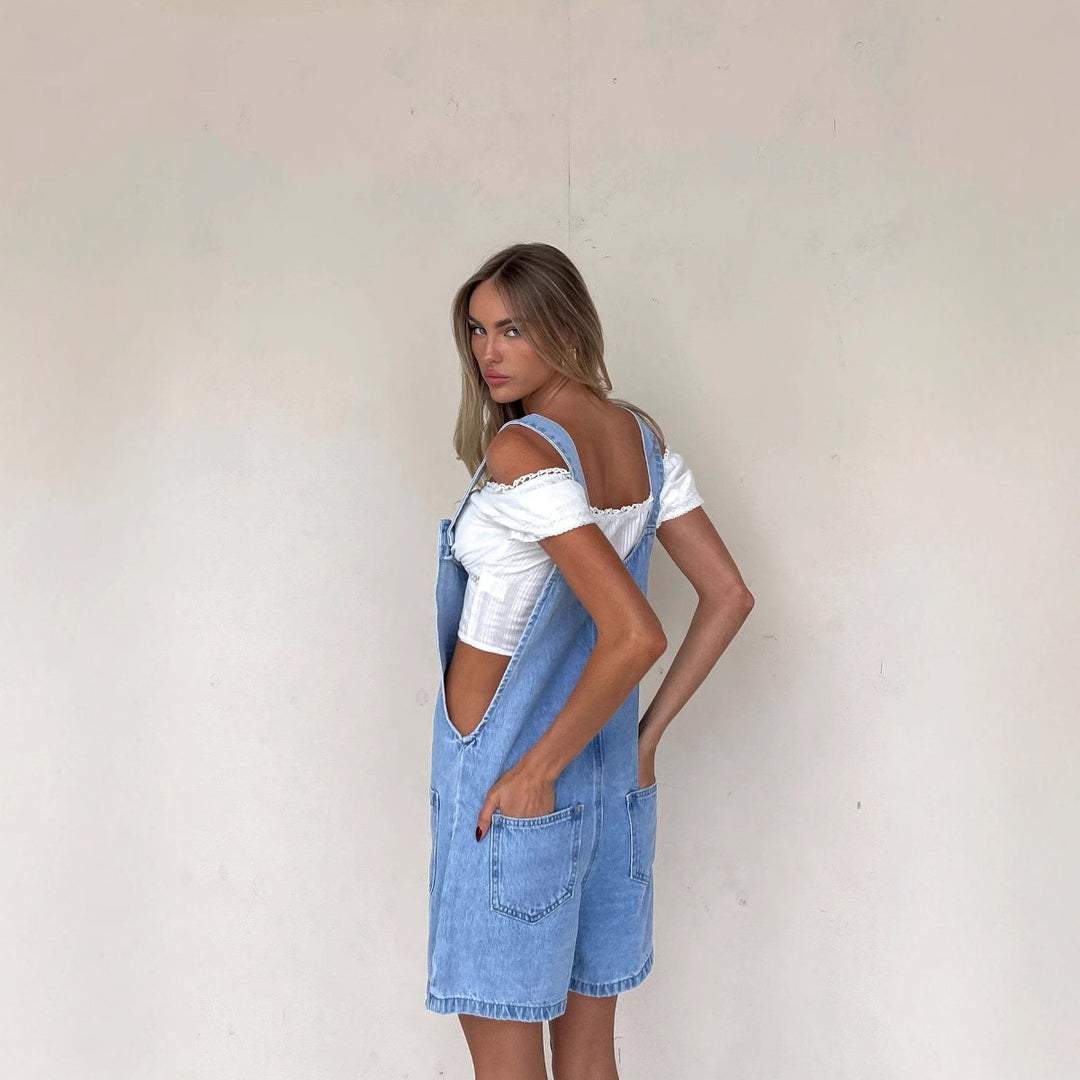 Damen Denim-Latzhose mit praktischen Taschen und knöpfbarem Design Drune