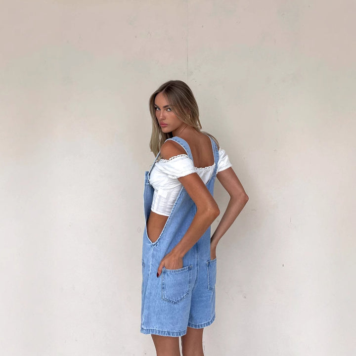 Damen Denim-Latzhose mit praktischen Taschen und knöpfbarem Design Drune