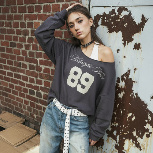 Damen nan Oversized-Sweatshirt im Off-Shoulder‑Stil mit Vintage‑Frontprint und ausgestelltem Saum Drune