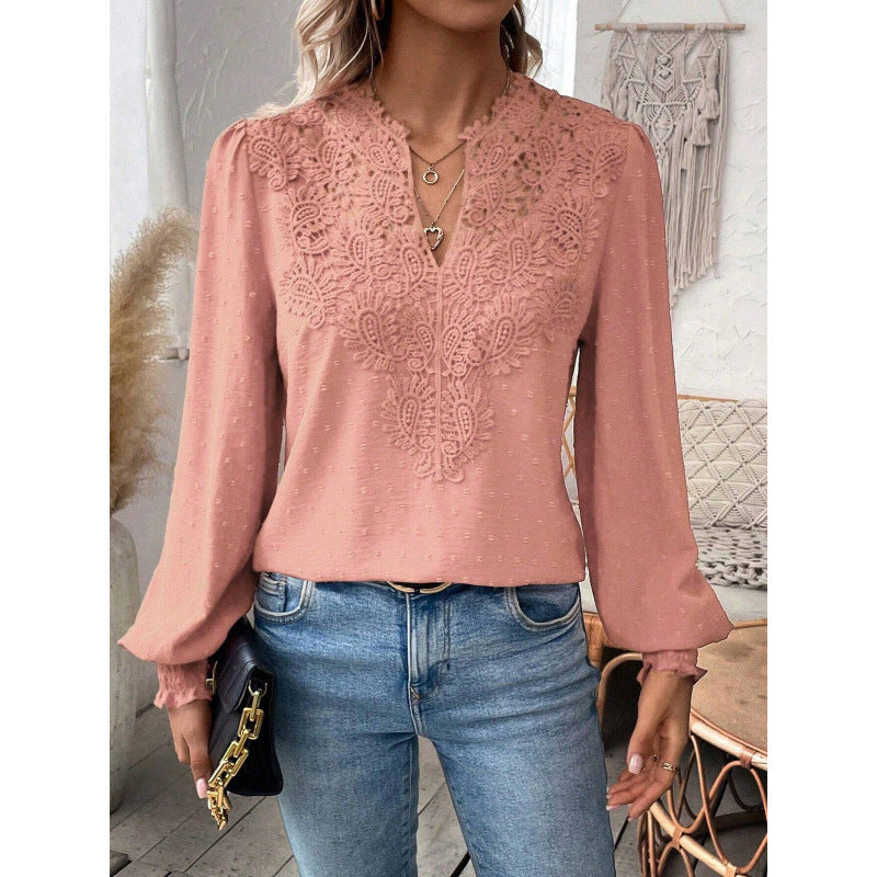 Damen Bluse mit gesticktem V-Ausschnitt und langen Ärmeln Drune