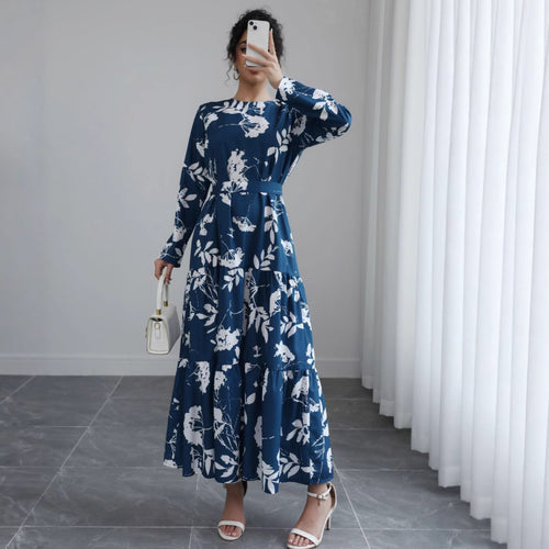 Damen Langes Blumen-Tiered-Maxikleid mit Taillengürtel & Rundhalsausschnitt Drune