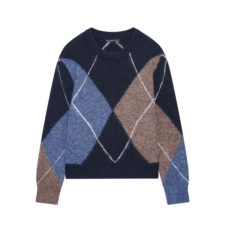 Damen nan grobgestrickter Argyle-Pullover mit Rundhalsausschnitt, überschnittener Schulter und breitem Rippenbund Drune