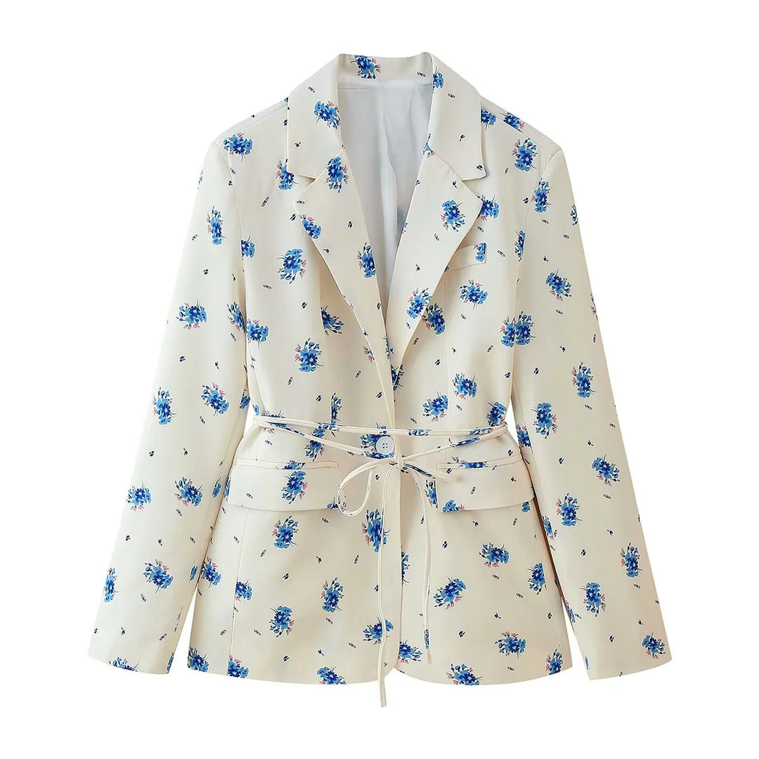 Damen nan floraler Blazerjacke mit Bindegürtel, Pattentaschen und Schalkragen Drune