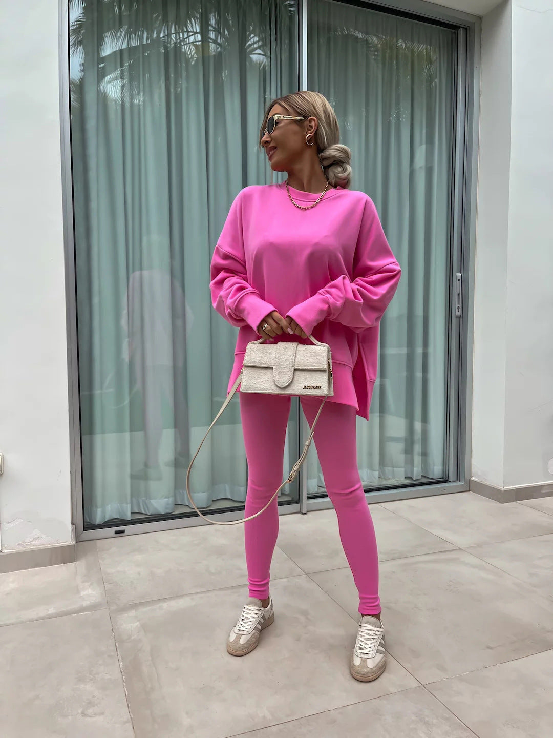 Damen komfortables Oversize-Lounge-Set mit langem Sweatshirt, gerippten High-Waist-Leggings und verlängerten Bündchen Drune