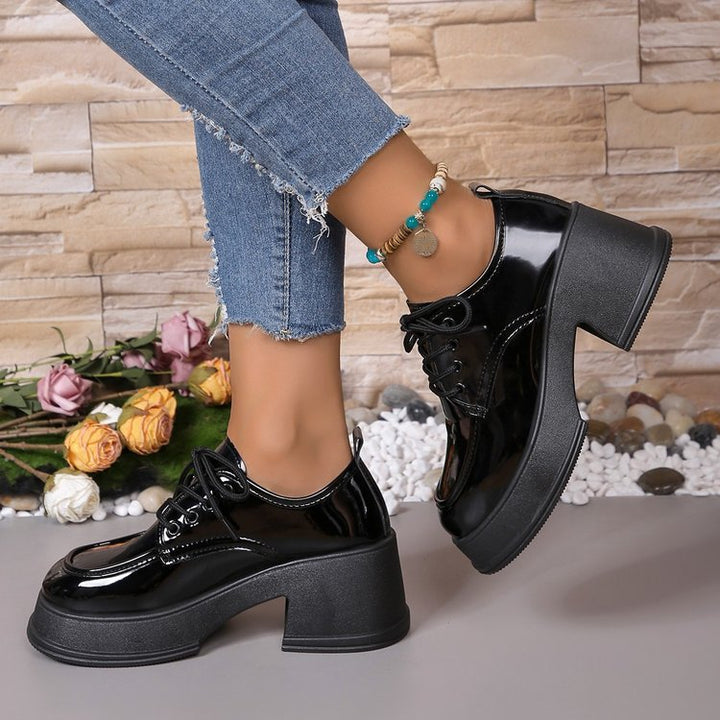 Damen Schnürschuhe mit glänzender Oberfläche und modischem Blockabsatz Drune