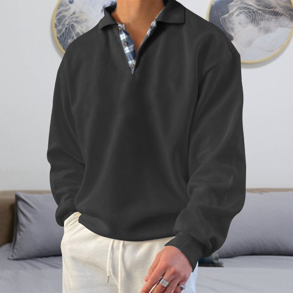 Herren nan legeres Langarm-Polo mit offenem V-Ausschnitt, Hemdkragen und Karo-Innenblende Drune