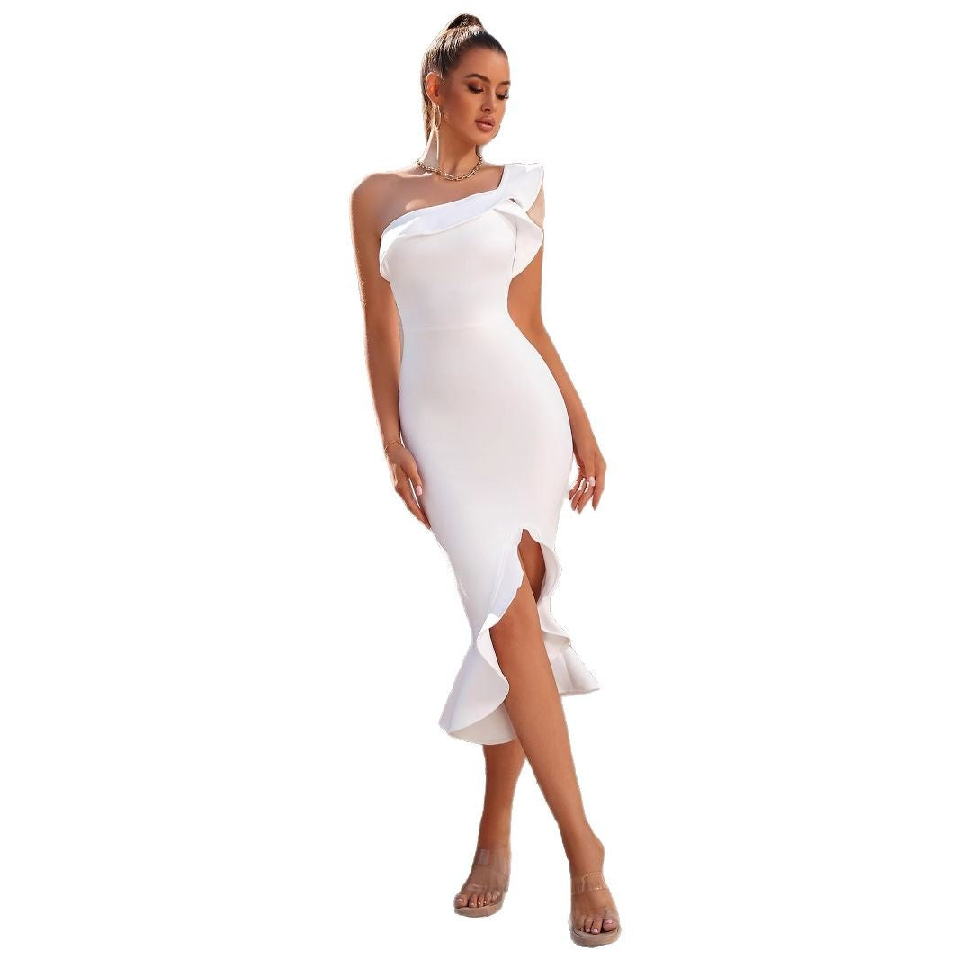 Damen Elegantes, figurbetontes Midi-Kleid mit asymmetrischem Volant und Schlitz Drune