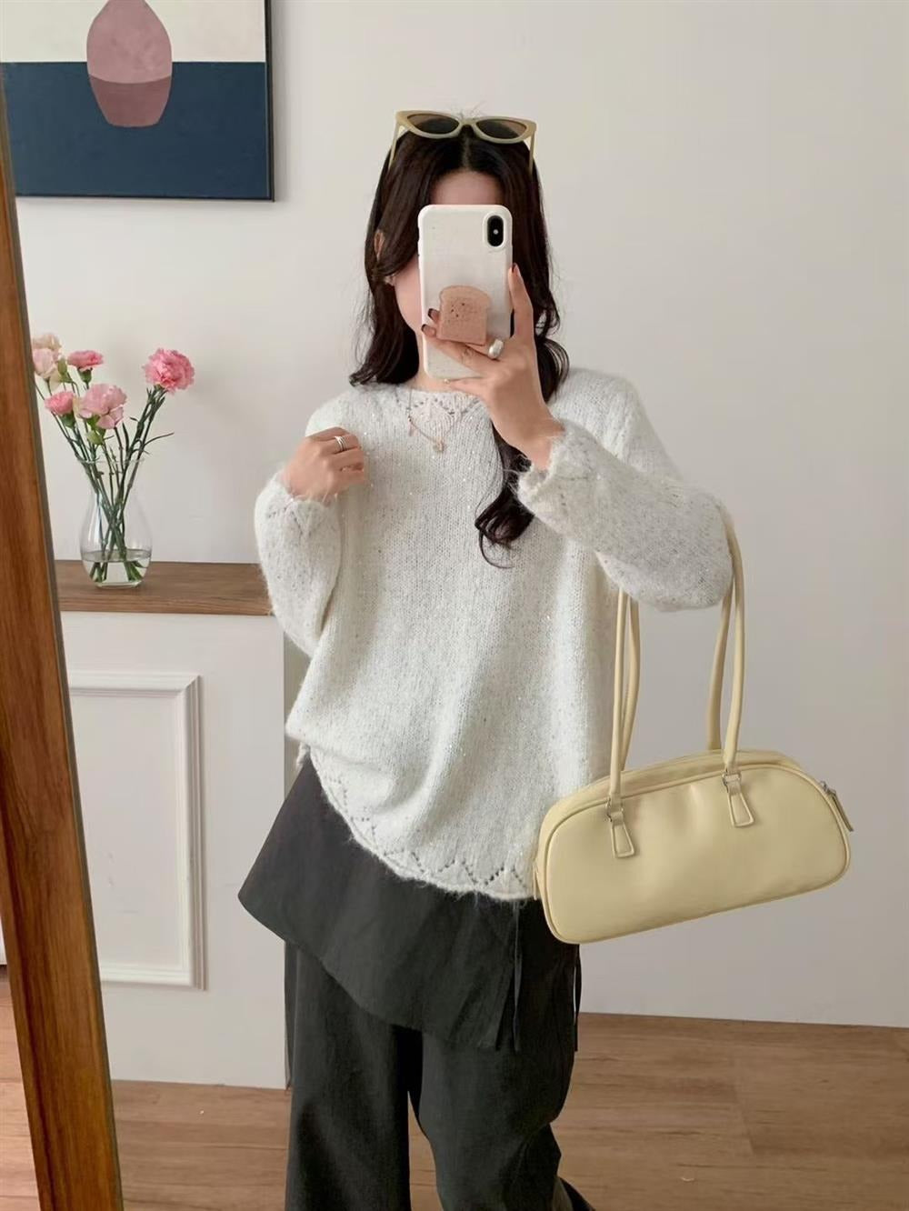 Damen Flauschiger Strickpullover mit glänzenden Akzenten und lockerem Schnitt Drune