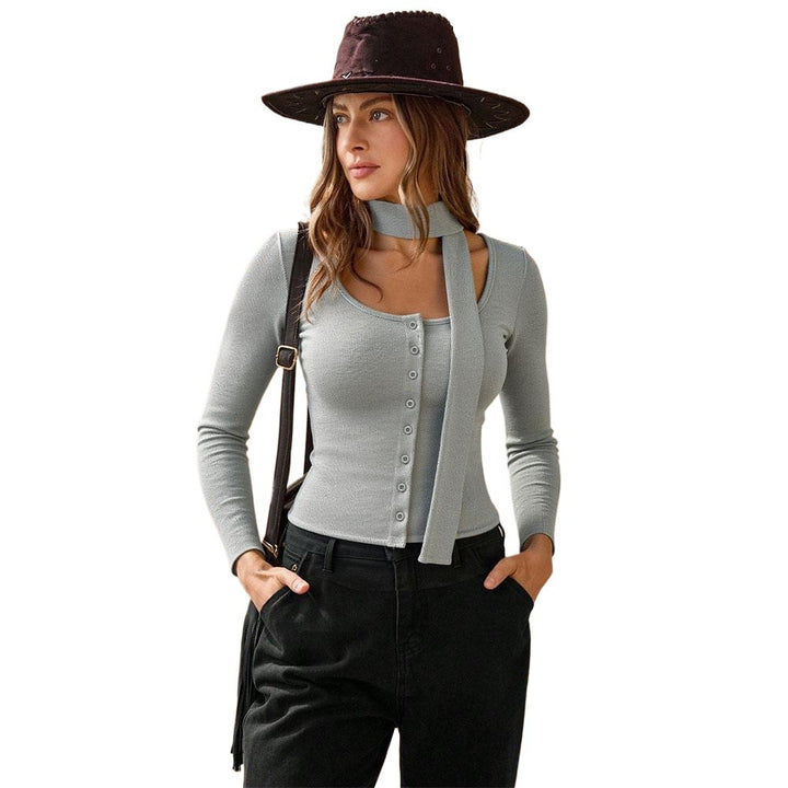 Damen geripptes Langarm-Cardigan-Top mit Knopfleiste, integrierter Schlauchschal und figurbetonter Passform Drune