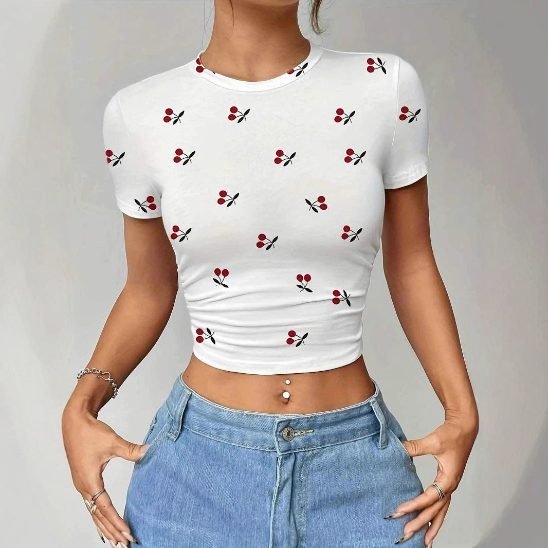 Damen Crop-T-Shirt mit frischem Kirschmotiv und figurbetontem Schnitt Drune