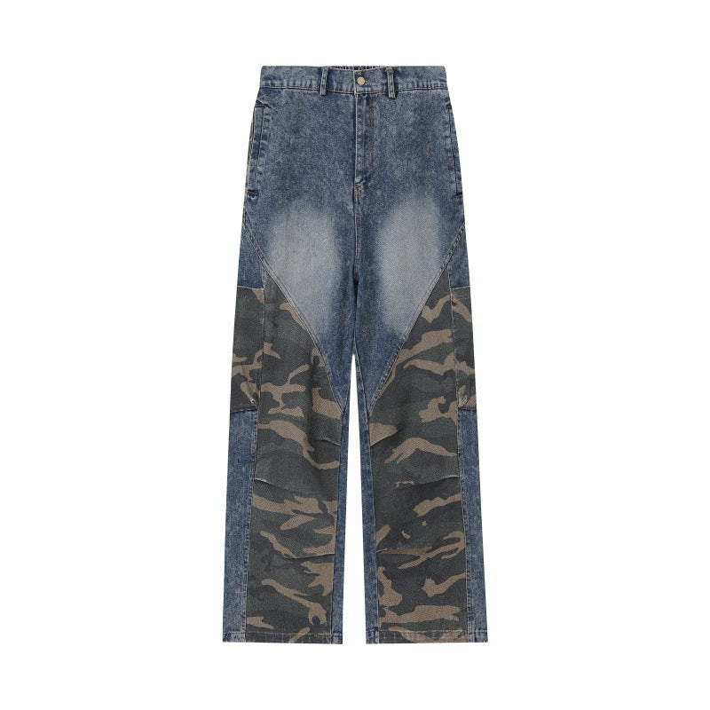 Damen Weite High‑Waist Denim‑Cargohose mit Camouflage‑Einsätzen Drune