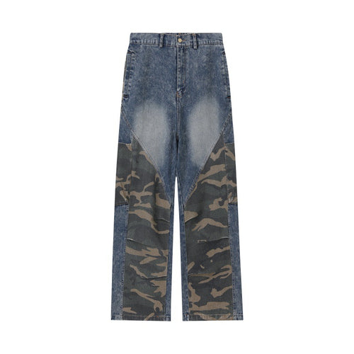 Damen Weite High‑Waist Denim‑Cargohose mit Camouflage‑Einsätzen Drune
