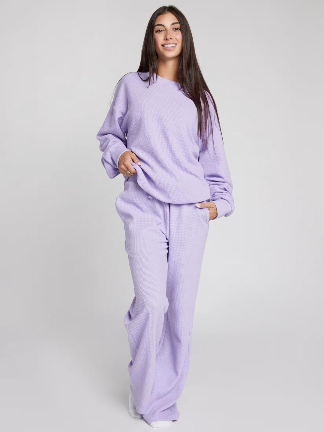Damen Waffelstrick-Loungewear-Set mit Oversized-Sweater und Kordel-Jogginghose Drune