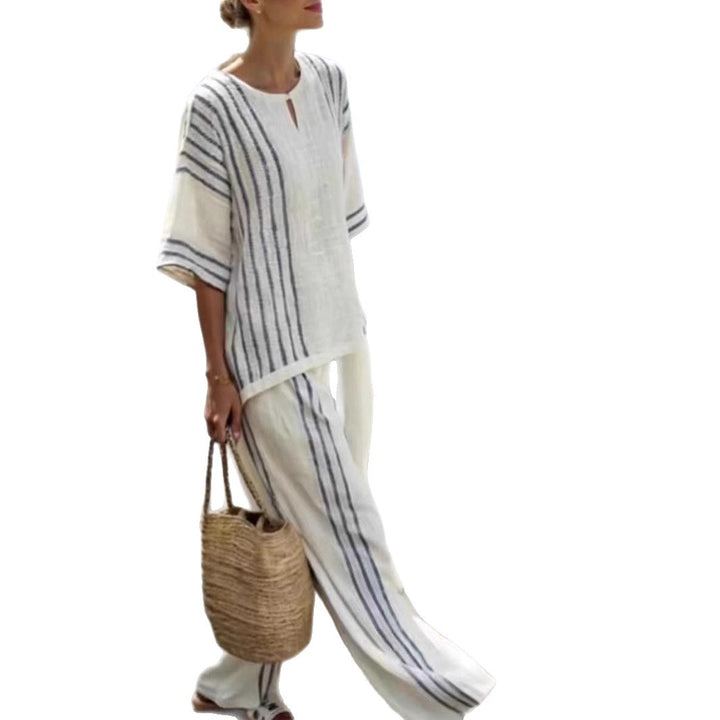 Damen leichte gestreifte Leinen Tunika und Hose Set Drune