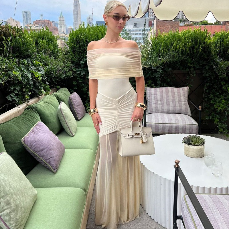 Damen Elegantes Maxi-Kleid mit schulterfreiem Design und Raffungen Drune