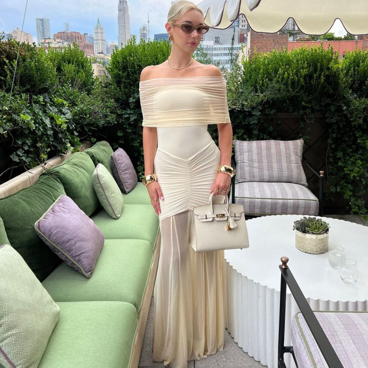 Damen Elegantes Maxi-Kleid mit schulterfreiem Design und Raffungen Drune