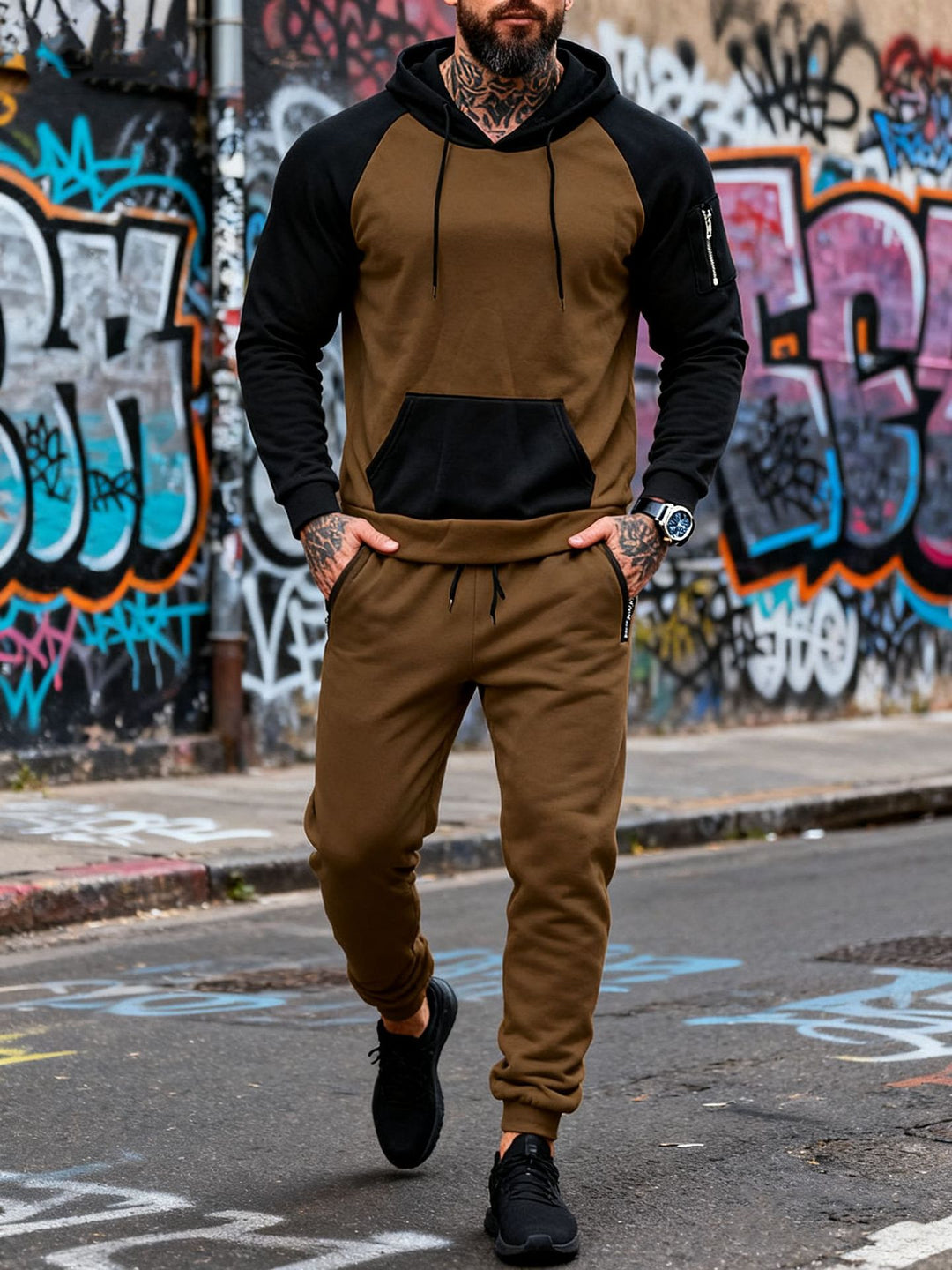 Herren nan zweiteiliges Kapuzen-Sweatset mit Raglanärmeln, Ärmel-Zip-Tasche und tapered Jogginghose Drune