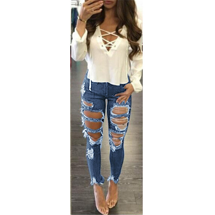 Damen Extrem zerrissene High-Waist Skinny-Jeans mit rohem Fransenbund Drune