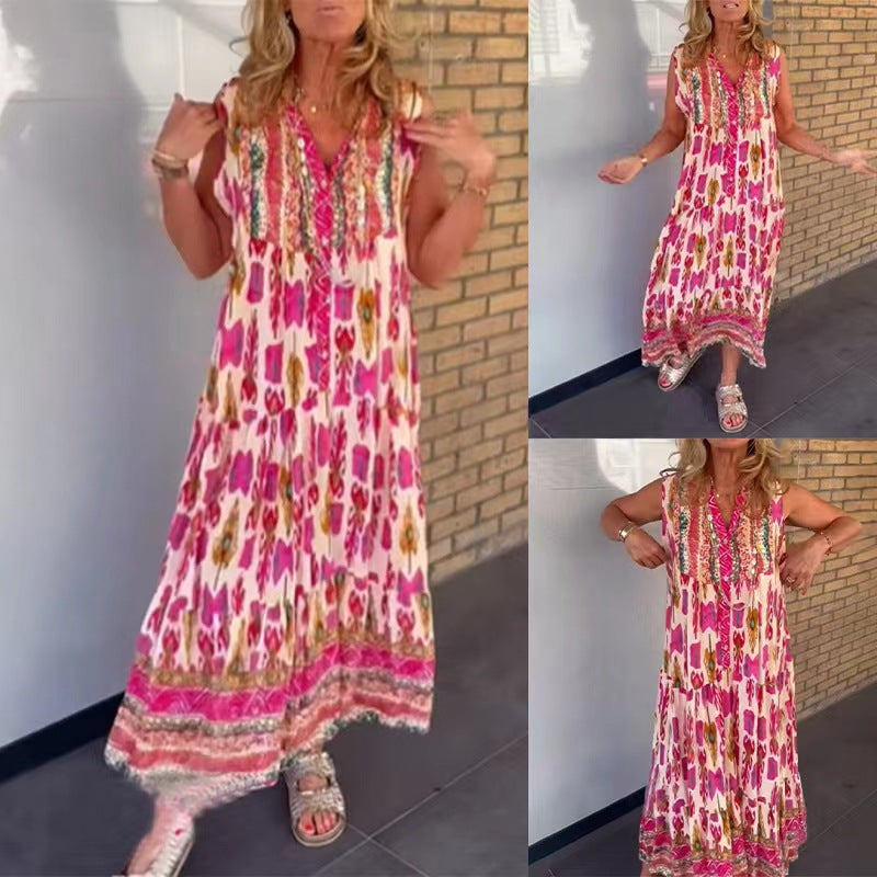 Damen nan fließendes Maxikleid im Boho-Stil mit V-Ausschnitt, Stufenrock und bestickter Passe Drune