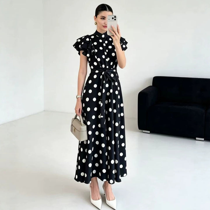 Damen Gepunktetes Maxikleid mit Stehkragen, Volantärmeln und Bindegürtel Drune