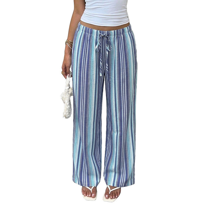 Damen leichte gestreifte Leinen-Blend Loungehose mit weitem Bein und Kordelzug Drune