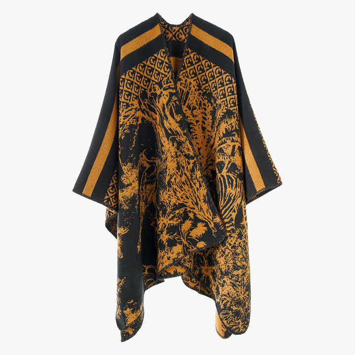 Damen Luxuriöser Jacquard-Motivponcho mit asymmetrischem Zipfelsaum Drune