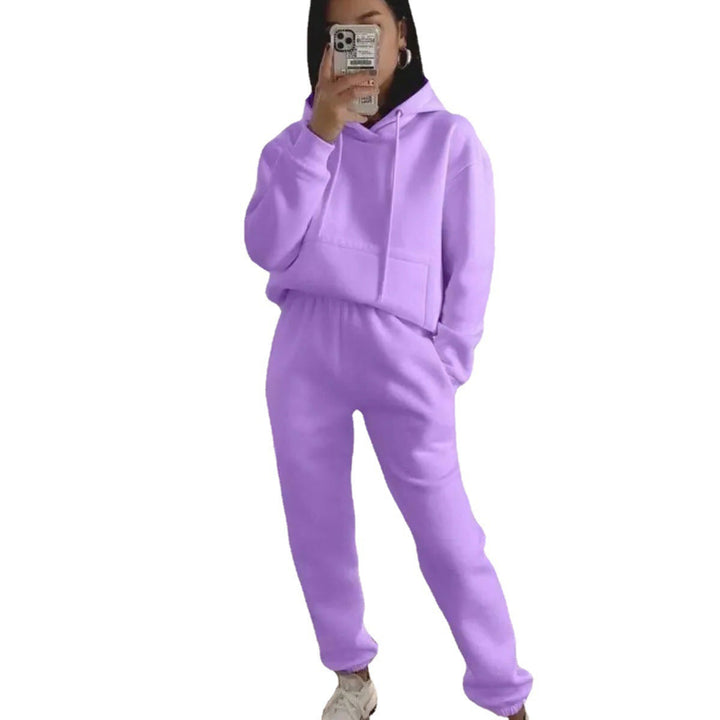 Damen lässiger Fleece-Sweatsuit mit cropped Hoodie und elastischer Hose Drune
