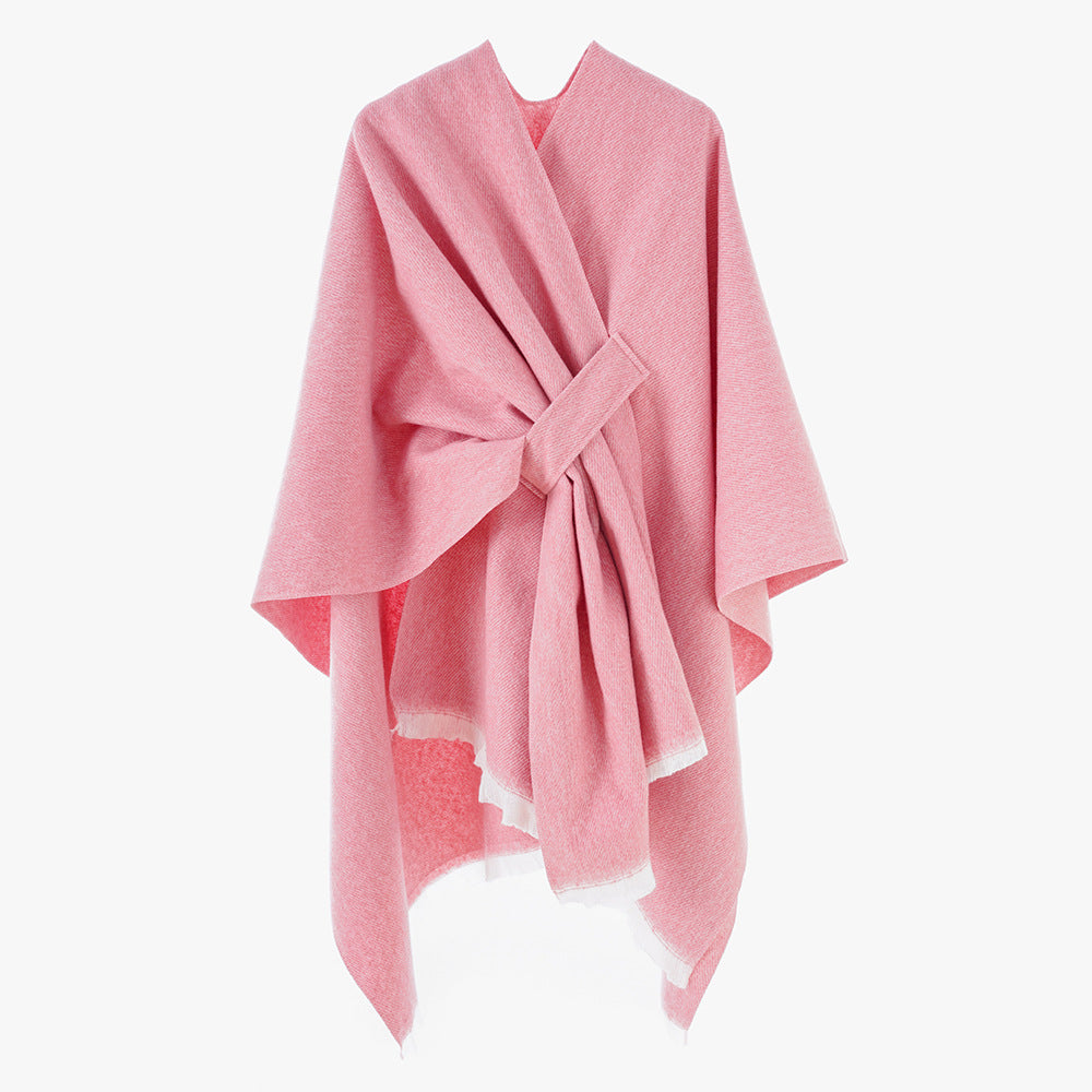 Damen luxuriöser Woll-Kaschmir-Poncho mit Bindegürtel und Fransensaum Drune