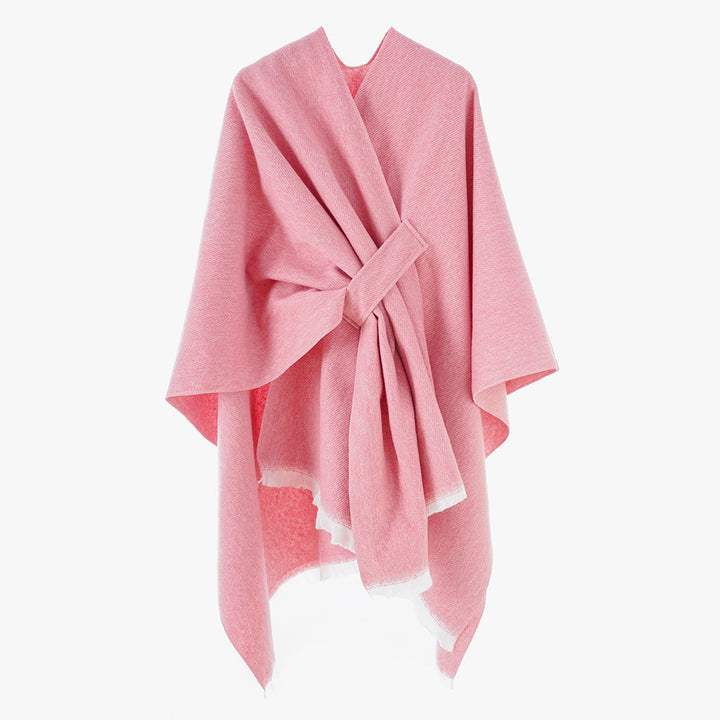 Damen luxuriöser Woll-Kaschmir-Poncho mit Bindegürtel und Fransensaum Drune