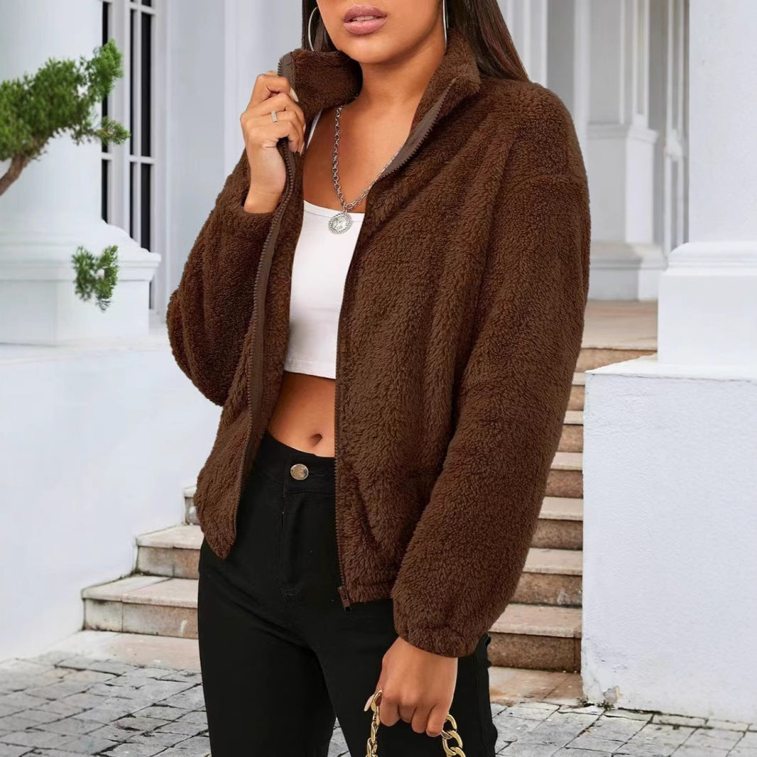 Damen kuschelige Teddyjacke mit hohem Kragen und aufgestelltem Reißverschluss Drune