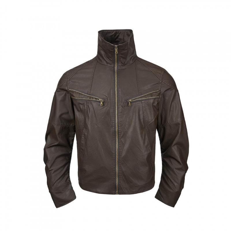 Herren Kurzjacke im Lederlook mit hohem Stehkragen, zwei schrägen Brustreißverschlüssen und Vintage‑Metalldetails Drune