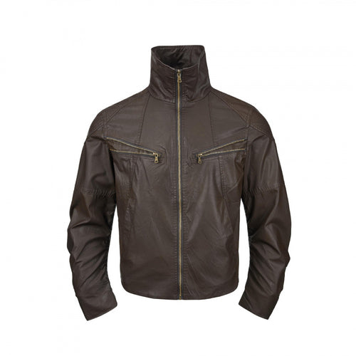 Herren Kurzjacke im Lederlook mit hohem Stehkragen, zwei schrägen Brustreißverschlüssen und Vintage‑Metalldetails Drune