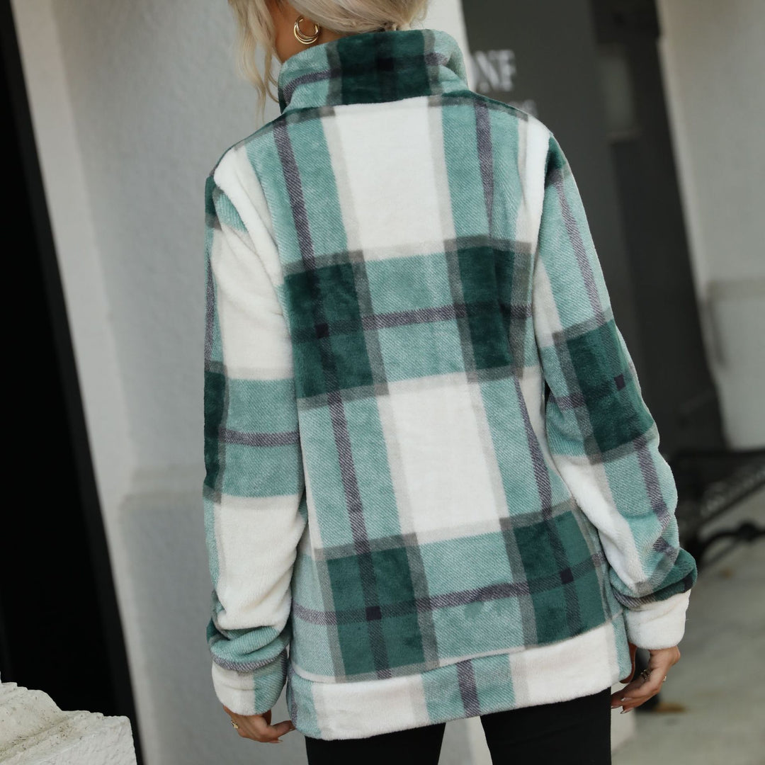 Damen Fleecejacke mit modernem Karomuster und hohen Kragen Drune