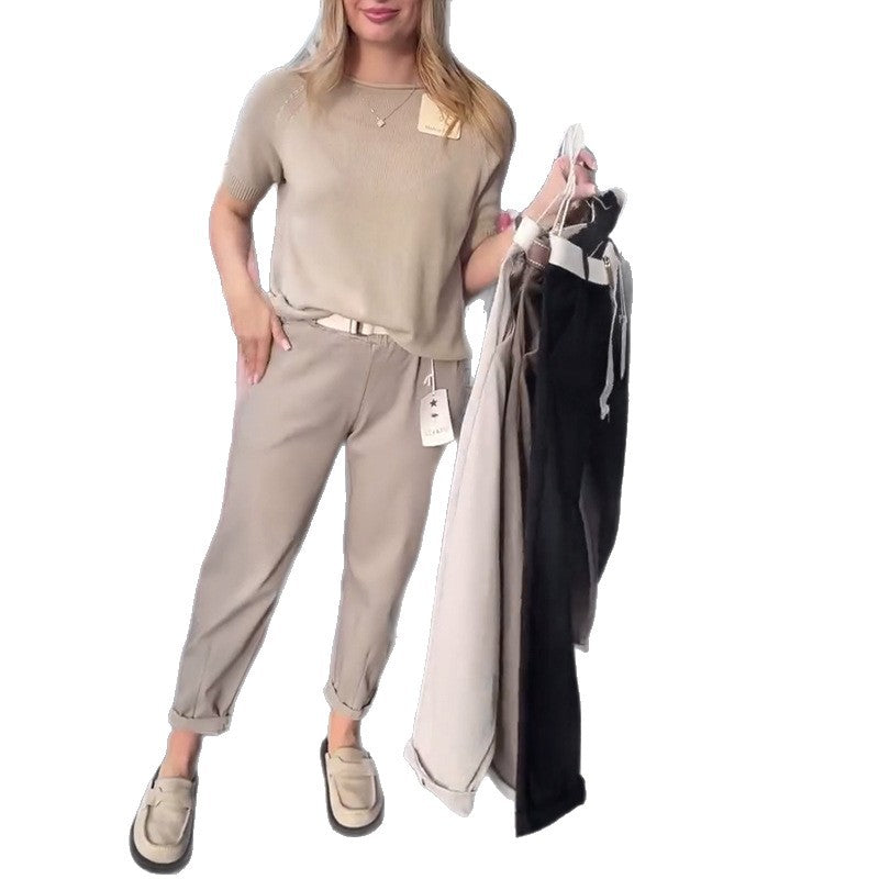 Damen nan lässige Baumwoll-Chino mit elastischem Komfortbund, Umschlag und Ziergürtel Drune