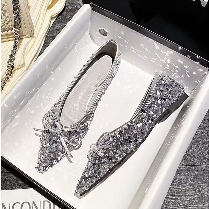Damen funkelnde Ballerinas mit spitzem Zehenbereich und dekorativem Paillettenschmuck Drune