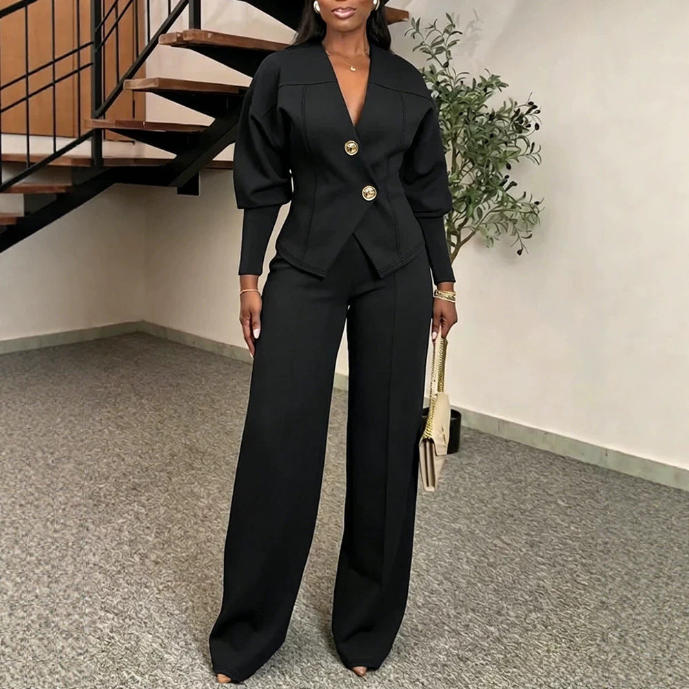 Damen Zweiteiliges tailliertes Blazer‑Hosen‑Set mit goldenen Zierknöpfen und weitem Palazzo-Bein Drune