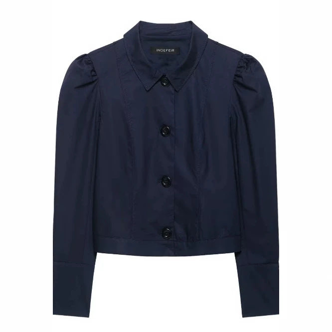 Damen Cropped Blousonjacke mit Puffärmeln, Hemdkragen und verlängerten Manschetten Drune