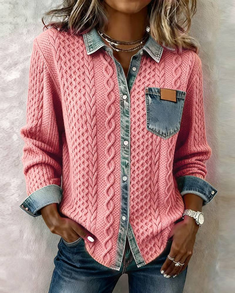 Damen Strickjacke mit Denim-Look-Kragen, dekorativer Knopfleiste und Brusttasche Drune